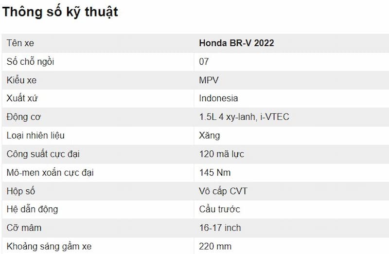 Bảng thông số kỹ thuật của Honda BR-V 2022