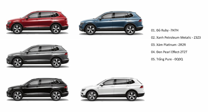 Volkswagen Tiguan 2021 hiện nay được phân phối với các màu ngoại thất đa dạng sau